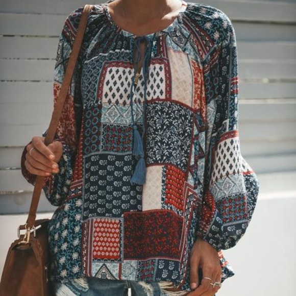 Patchwork Blouse Tassel Tie - Picture 2 of 7